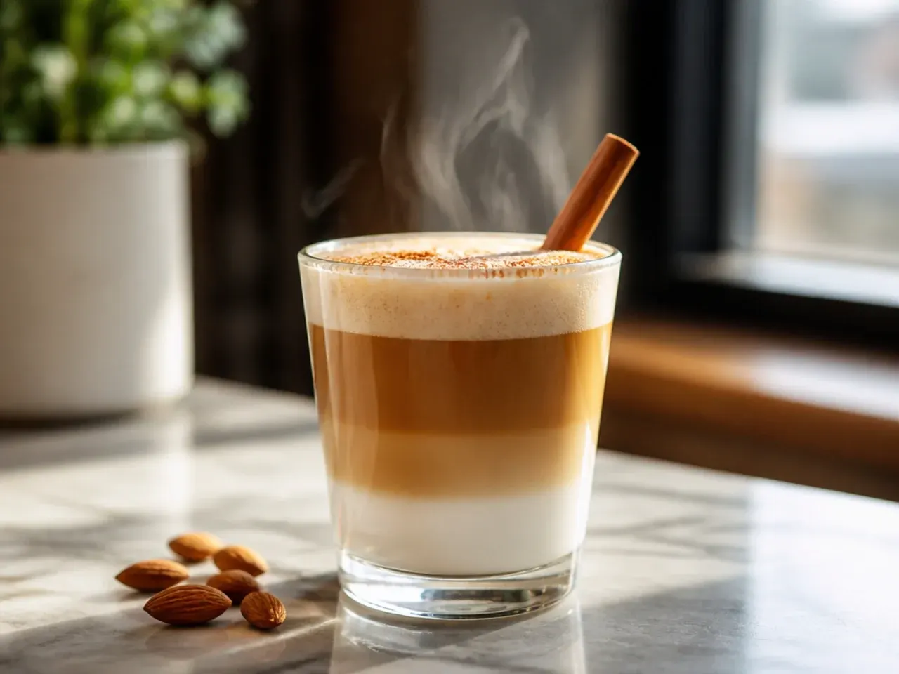 Layered honey almondmilk flat white with a thin microfoam top in a small cup