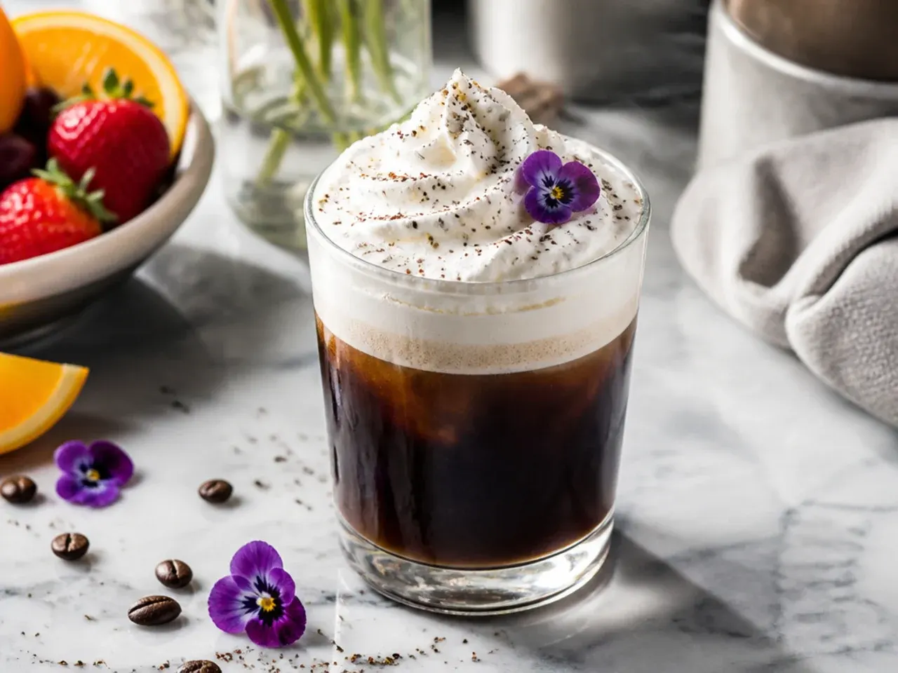 Espresso con panna topped with a dollop of whipped cream in a small espresso cup