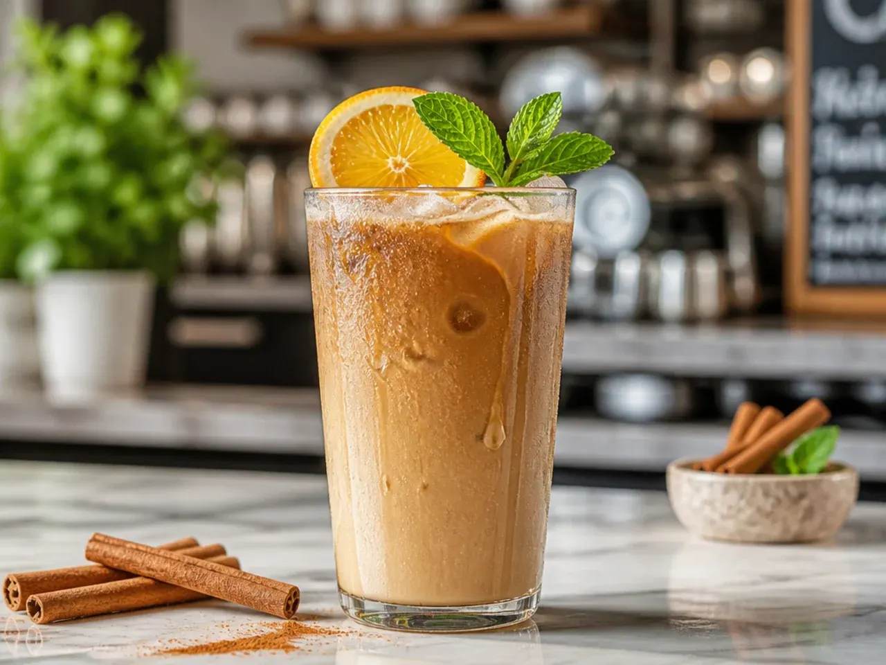 Iced cinnamon dolce latte topped with whipped cream and cinnamon sugar over ice