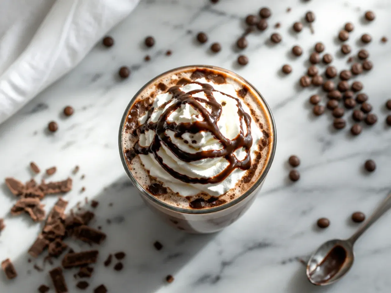 Classic café mocha with whipped cream and cocoa dusting in a glass mug