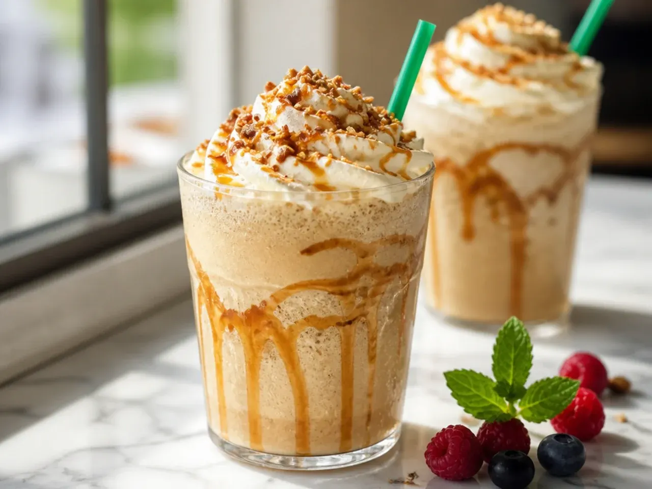 Caramel ribbon crunch frappuccino topped with whipped cream, caramel drizzle, and toffee crunch pieces