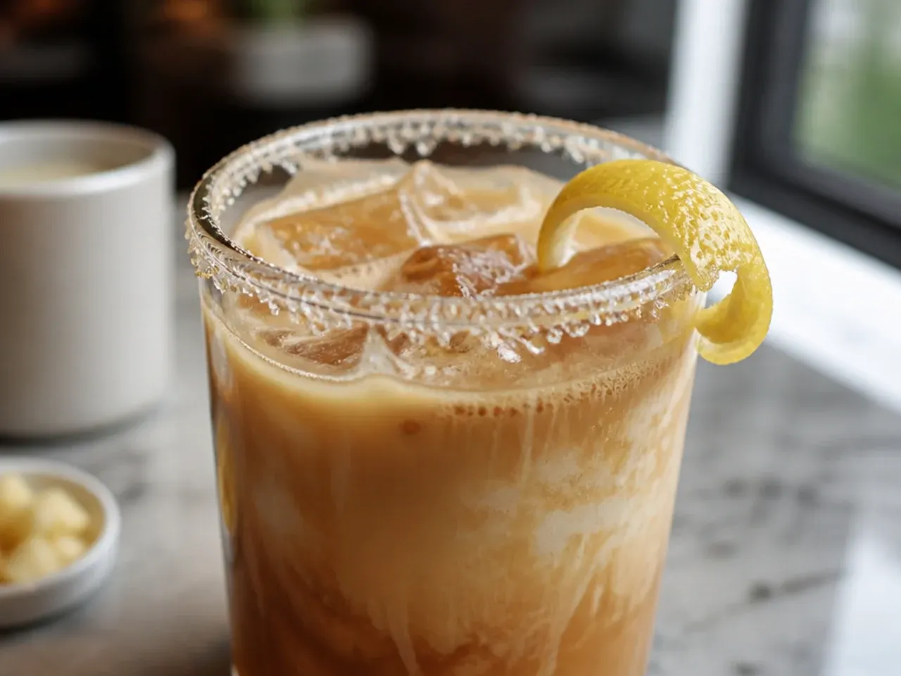 Toasted white mocha with whipped cream in a glass mug on a wooden table