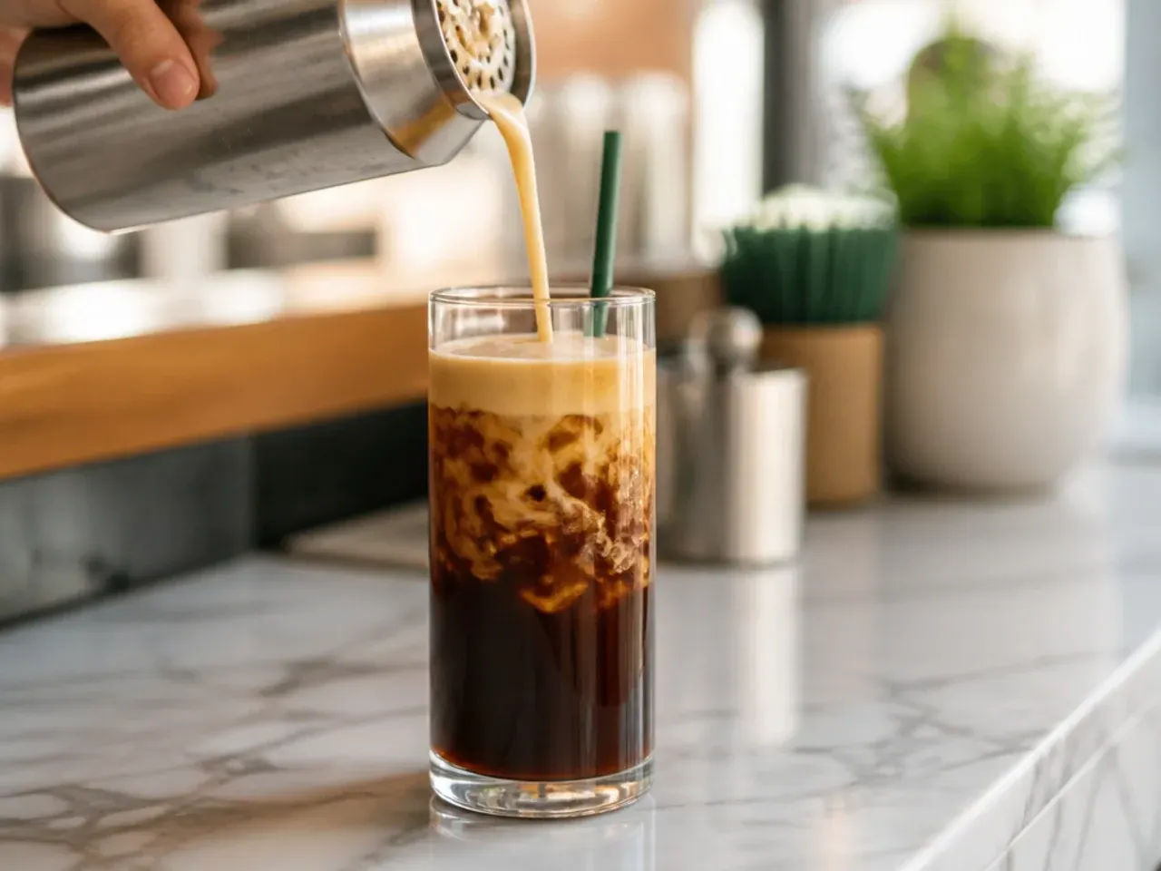 Nitro cold brew with a creamy cascading foam settling in a clear glass
