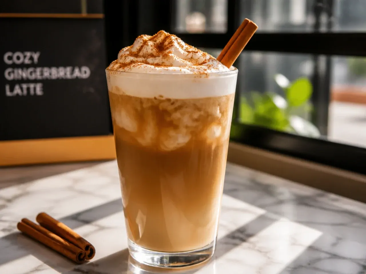 Gingerbread latte with whipped cream and a dusting of ginger and cinnamon in a mug