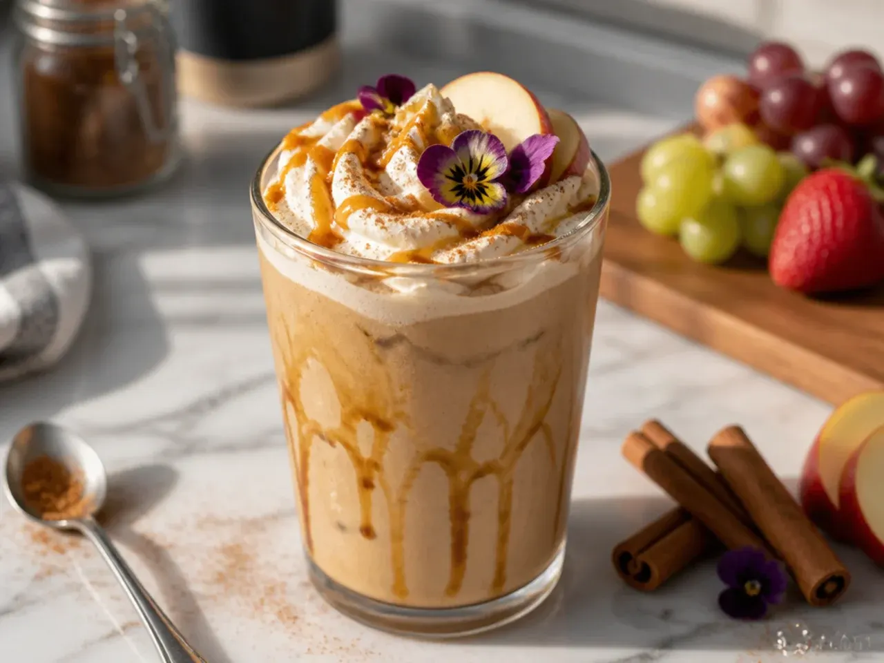 Cinnamon roll latte topped with a cream cheese glaze drizzle in a glass mug