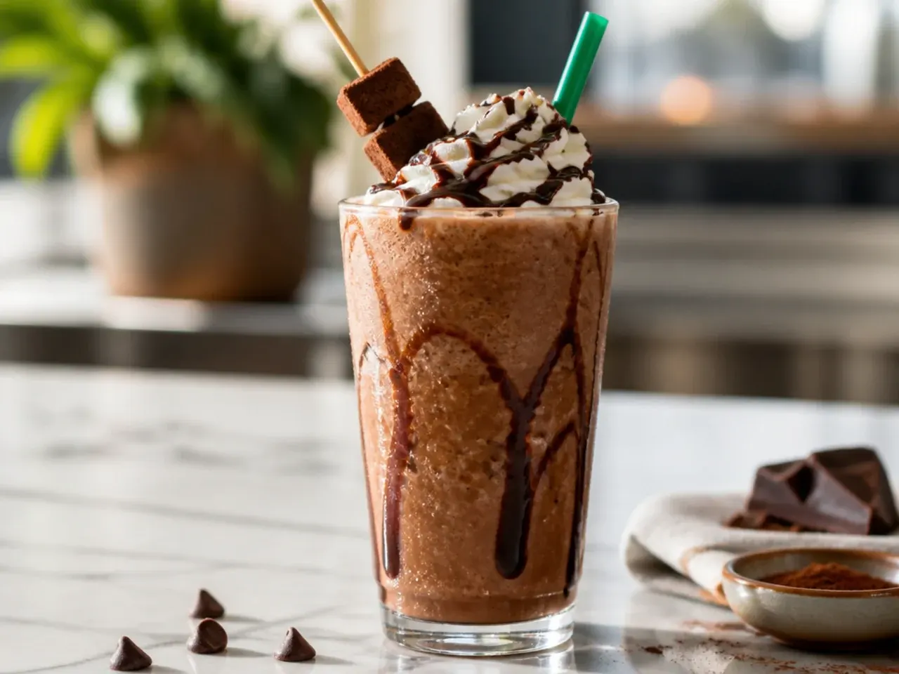 Frozen mocha frappuccino in a chocolate-lined glass topped with whipped cream