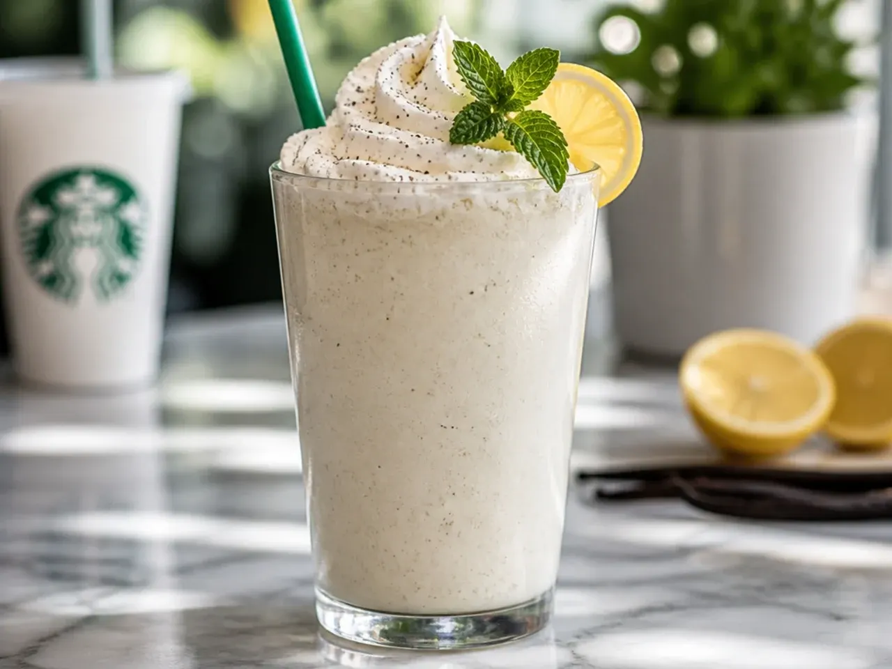 Vanilla bean frappuccino blended smooth and topped with whipped cream