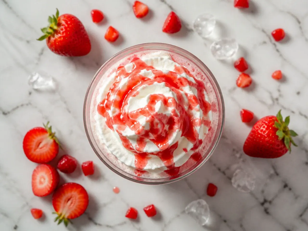 Strawberry crème frappuccino blended bright pink and topped with whipped cream