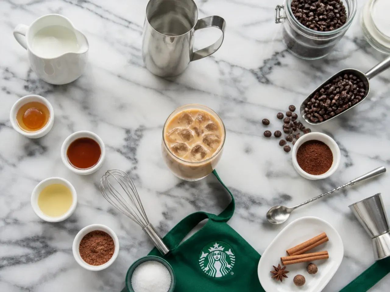 Barista tools including a portafilter, milk jug, and syrup bottles laid out on a counter