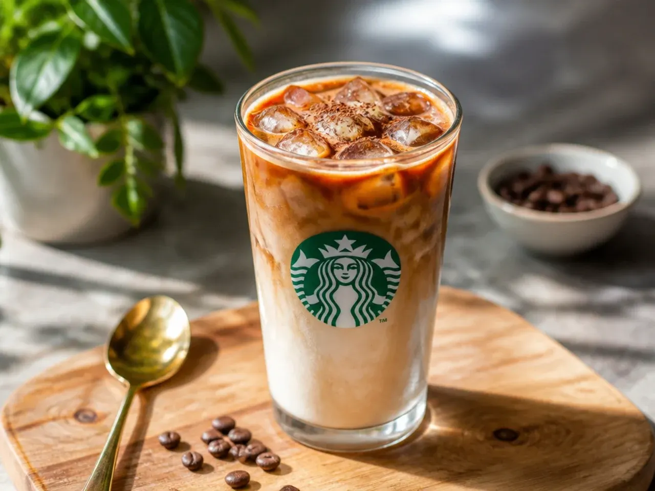 Iced coffee drink in a clear glass garnished with caramel drizzle and whipped cream