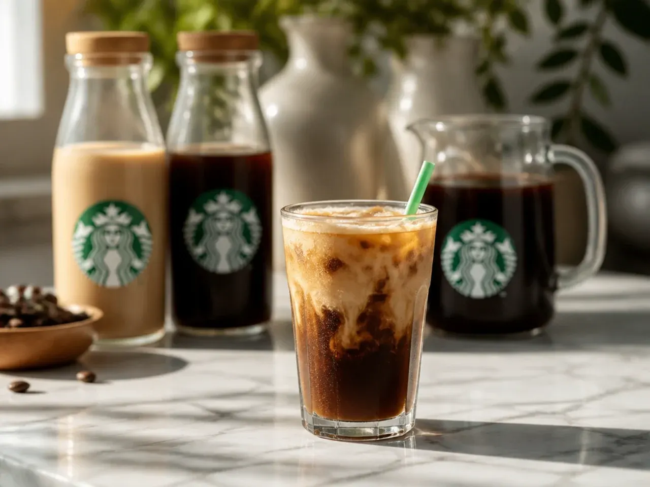 Jars of homemade coffee syrups and a pitcher of cold brew concentrate in the fridge
