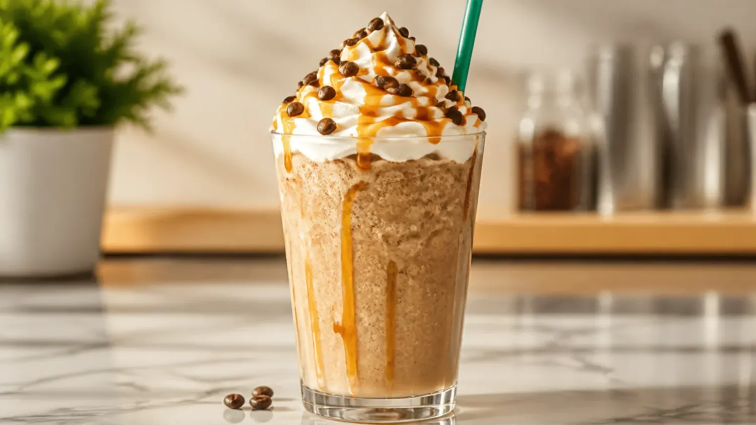 An overhead flat lay of several iced and hot copycat Starbucks-style drinks, including a layered caramel macchiato, a pink drink, and a matcha latte, arranged on a wooden table with coffee beans scattered around.