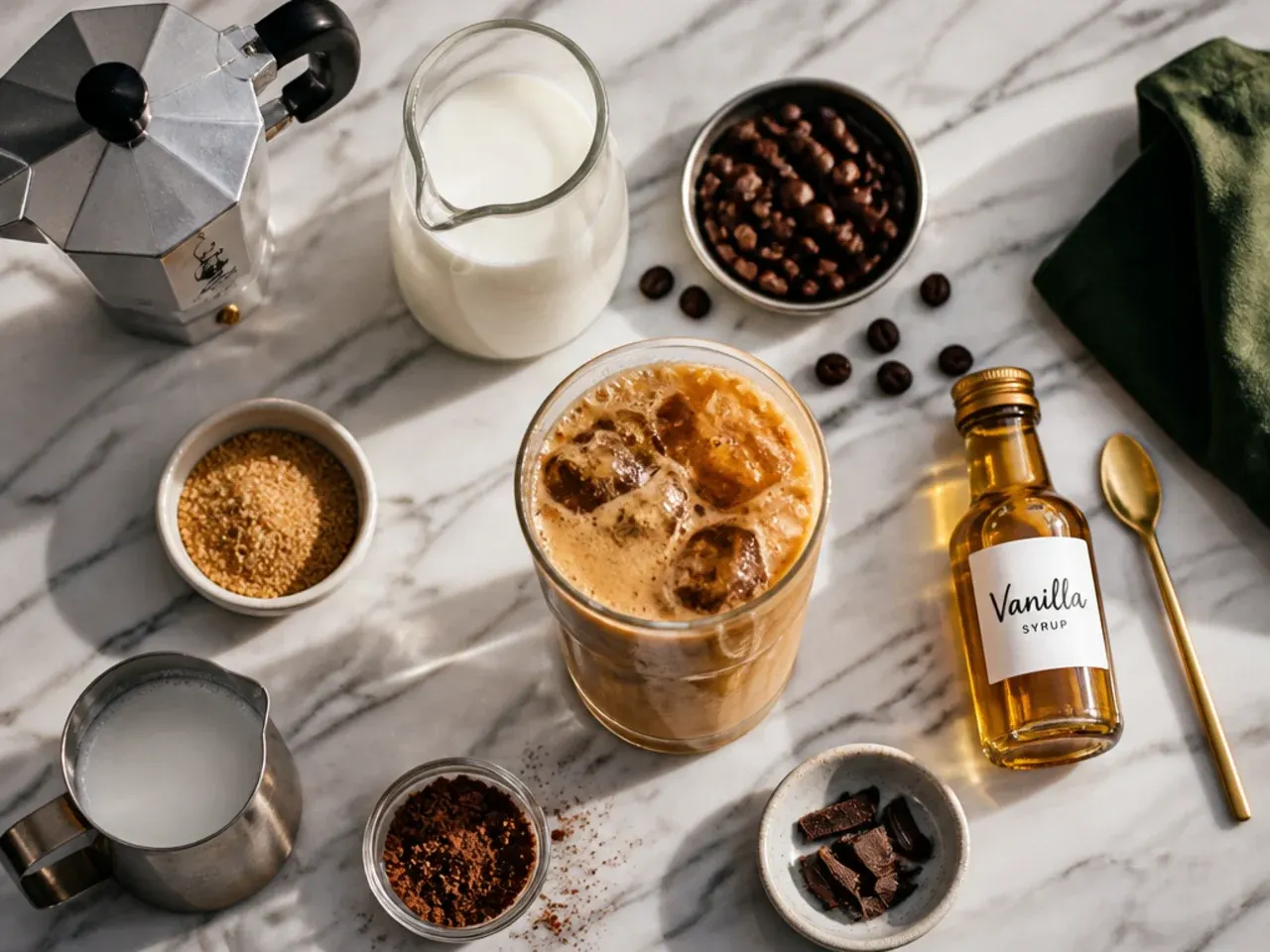 Close-up of espresso being poured slowly over the back of a spoon into a glass of milk and ice to create a layered caramel macchiato effect.