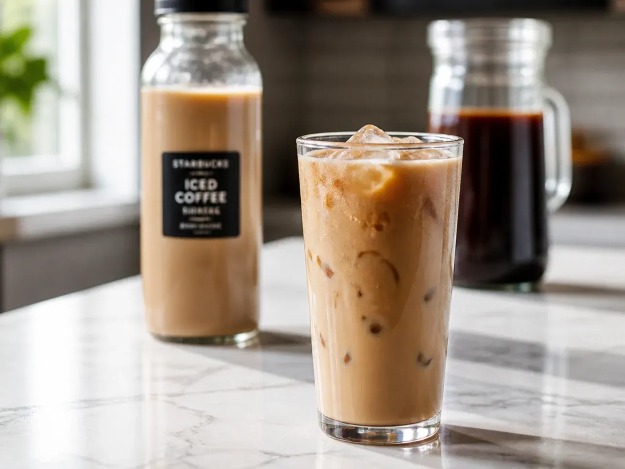 Several labelled glass jars and squeeze bottles filled with cold brew concentrate, vanilla syrup, caramel syrup, and chai concentrate lined up in a refrigerator door.