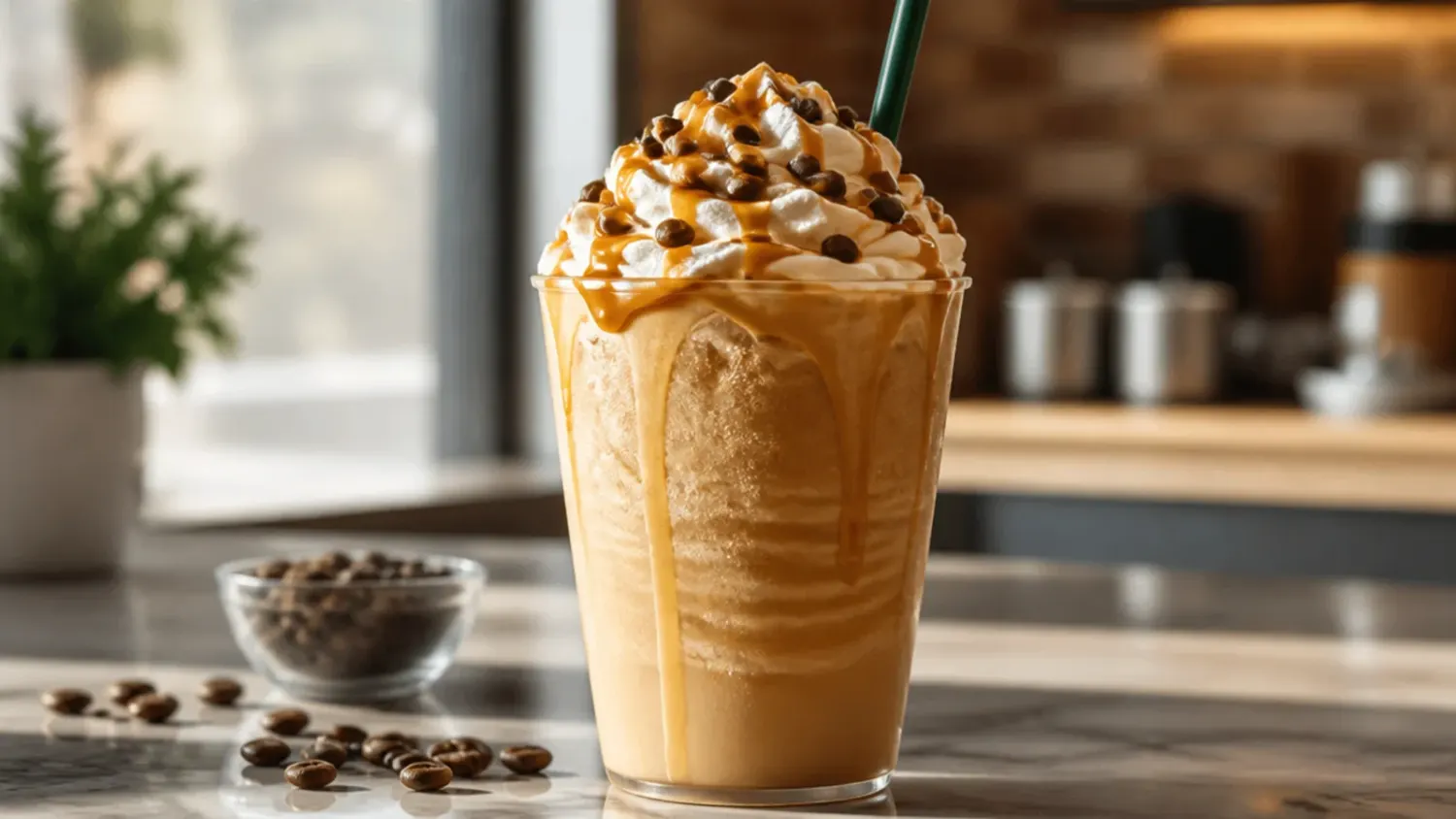 A lineup of colourful copycat Starbucks drinks including a caramel macchiato, pink drink and iced matcha latte made at home