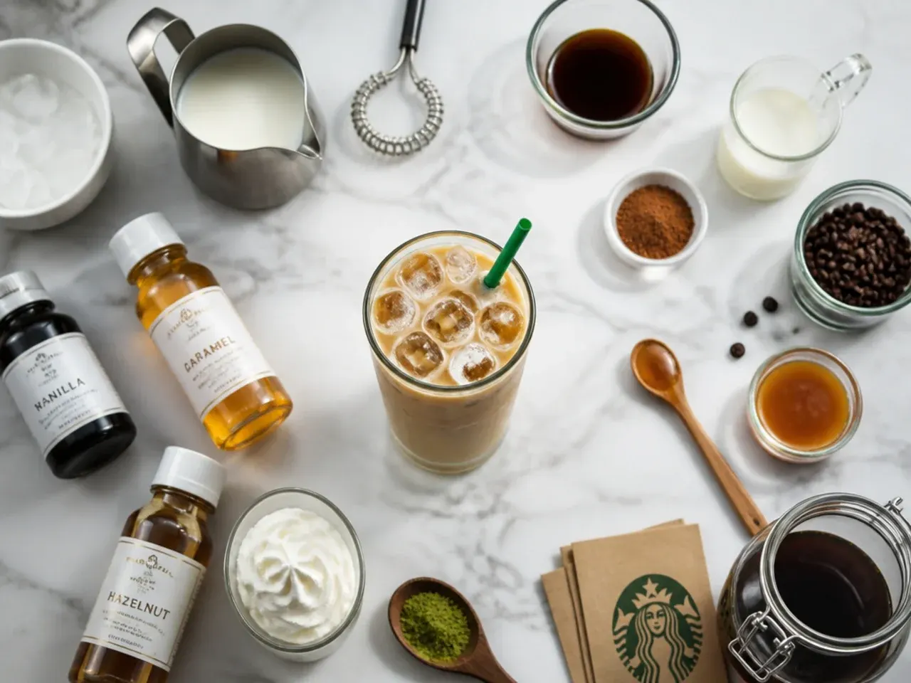 Barista tools including a milk steaming pitcher, espresso shots and syrup bottles laid out for making copycat Starbucks drinks at home