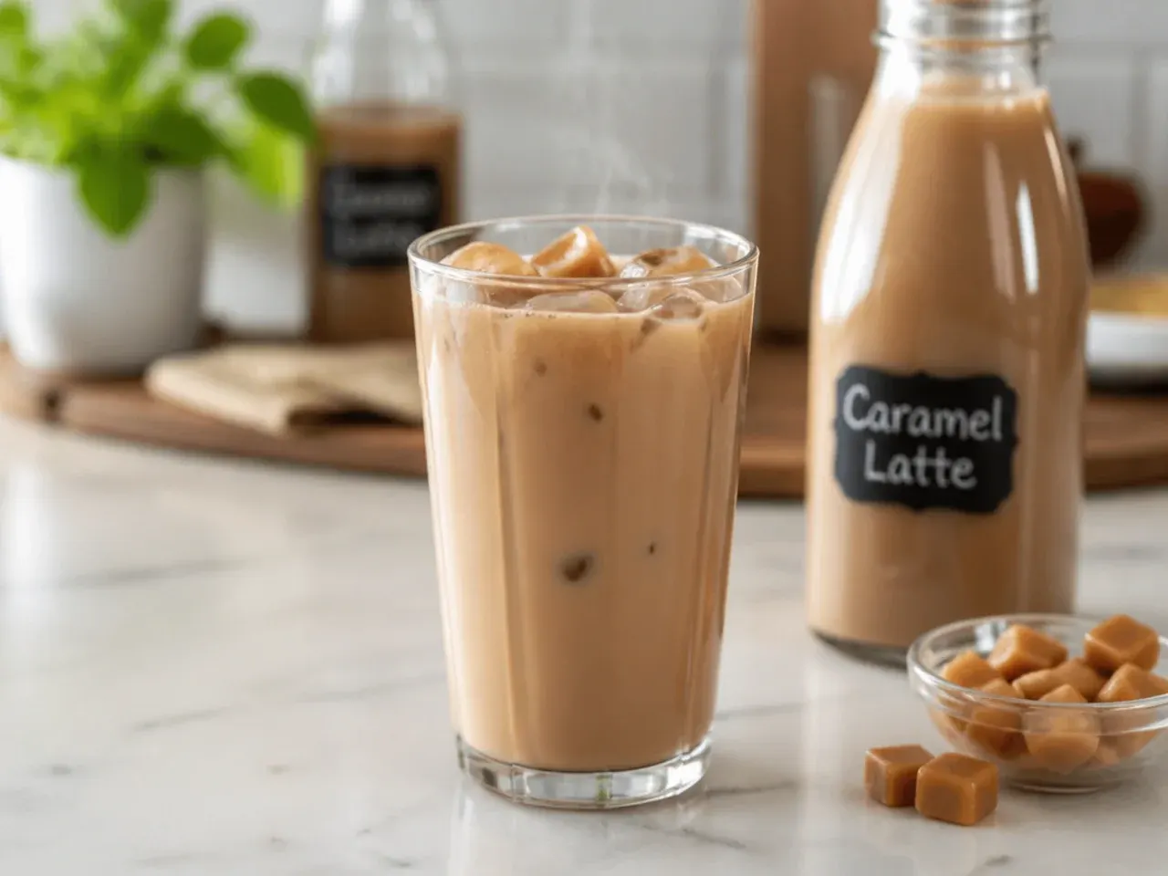Mason jars of cold brew concentrate, vanilla syrup and chai tea concentrate lined up in the fridge for batch-prepped Starbucks copycat drinks