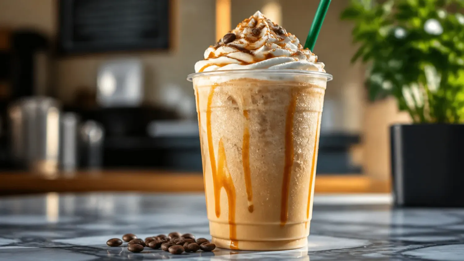 A lineup of colourful iced and blended copycat Starbucks-style drinks in clear glasses on a wooden counter, garnished with whipped cream and cinnamon