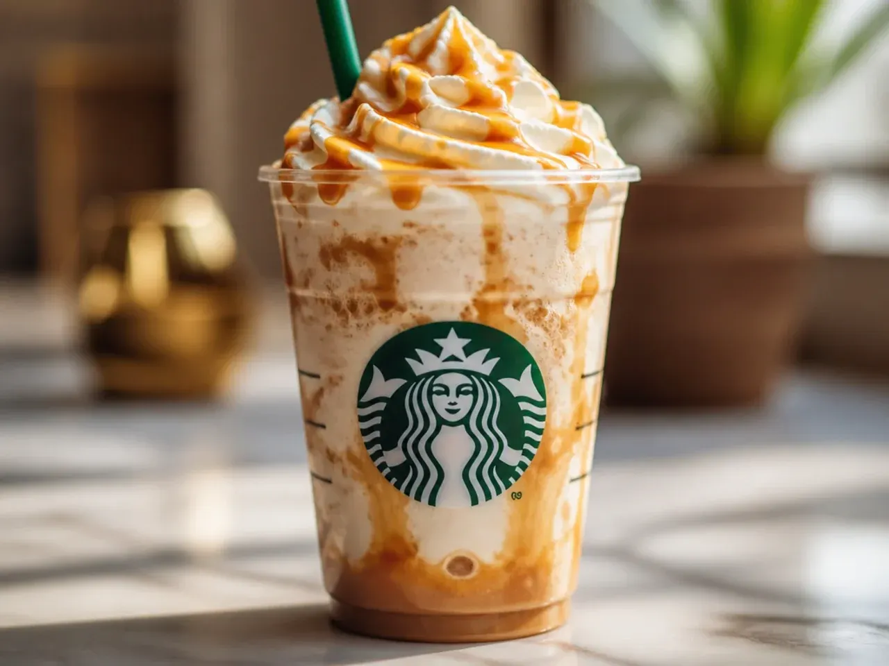 Overhead shot of iced coffee drinks, syrup bottles and a cocktail shaker arranged for a Starbucks copycat drinks recipe roundup