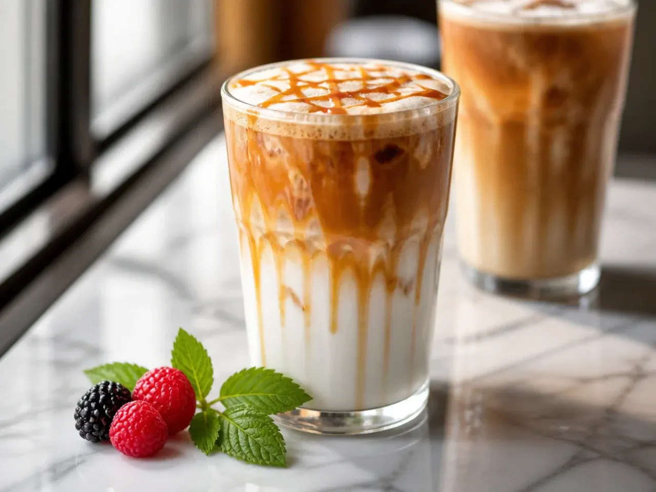 Classic iced caramel macchiato with layered espresso and caramel drizzle in a glass mug