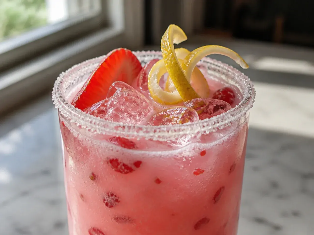 Pink hibiscus and coconut milk drink over ice with fresh strawberries in a clear cup
