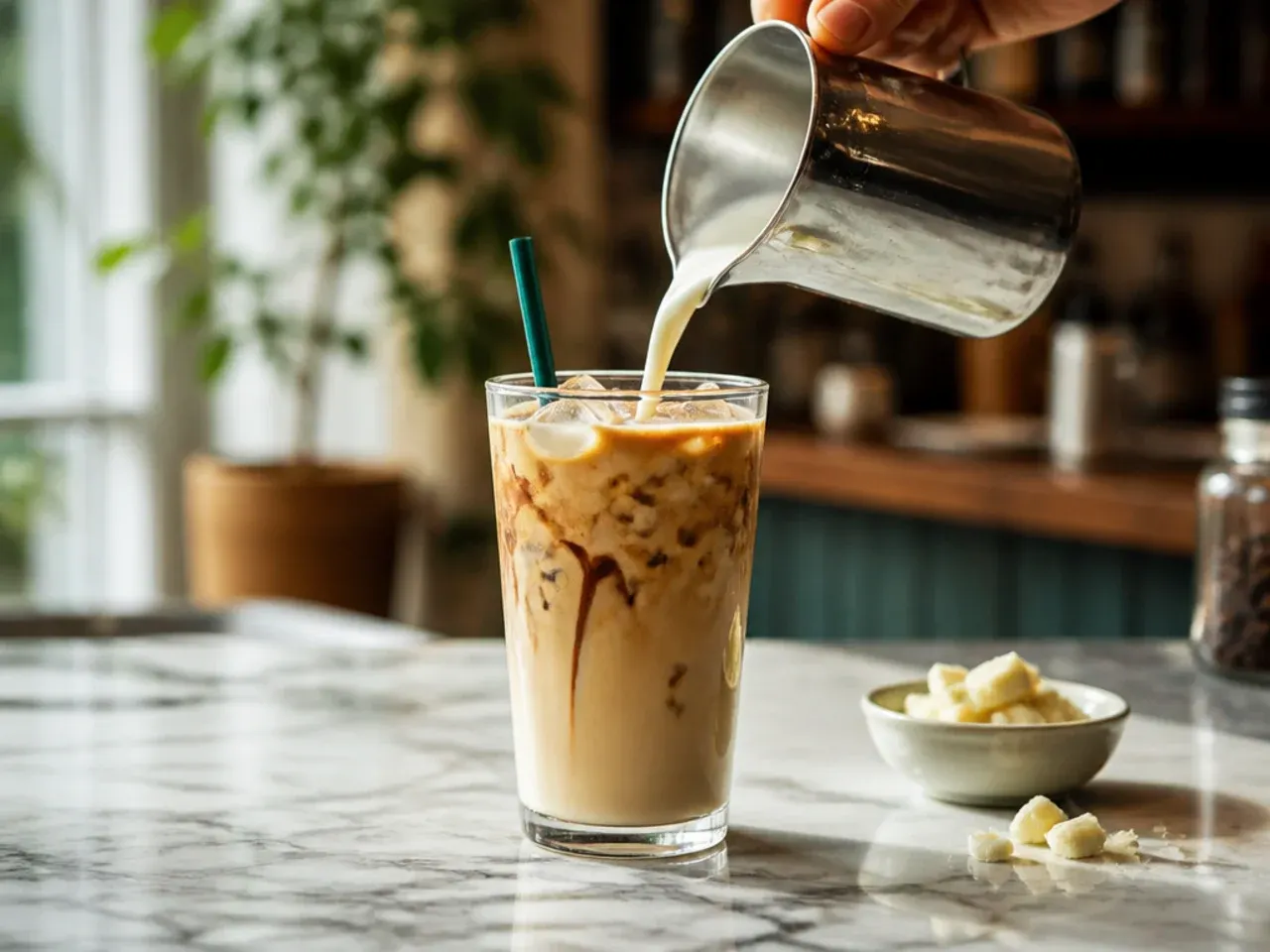 Creamy white chocolate mocha topped with whipped cream and white chocolate shavings
