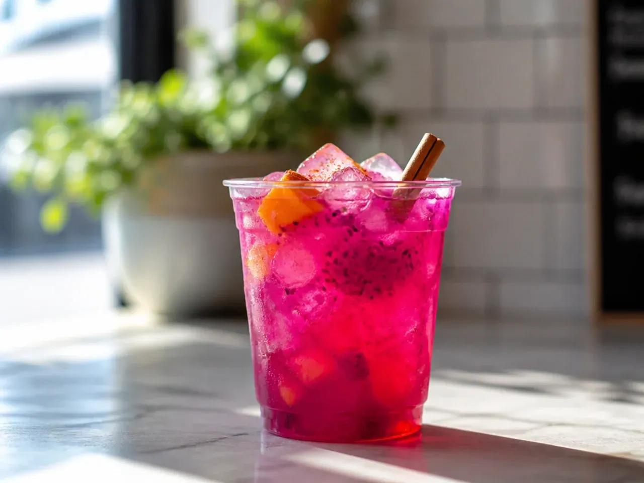 Mango dragonfruit refresher with pink and orange layers and fresh mango chunks in a tall glass