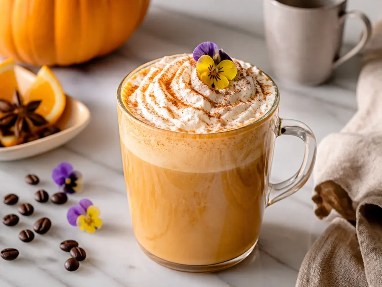 Hot pumpkin spice latte in a ceramic mug with whipped cream and cinnamon dusting