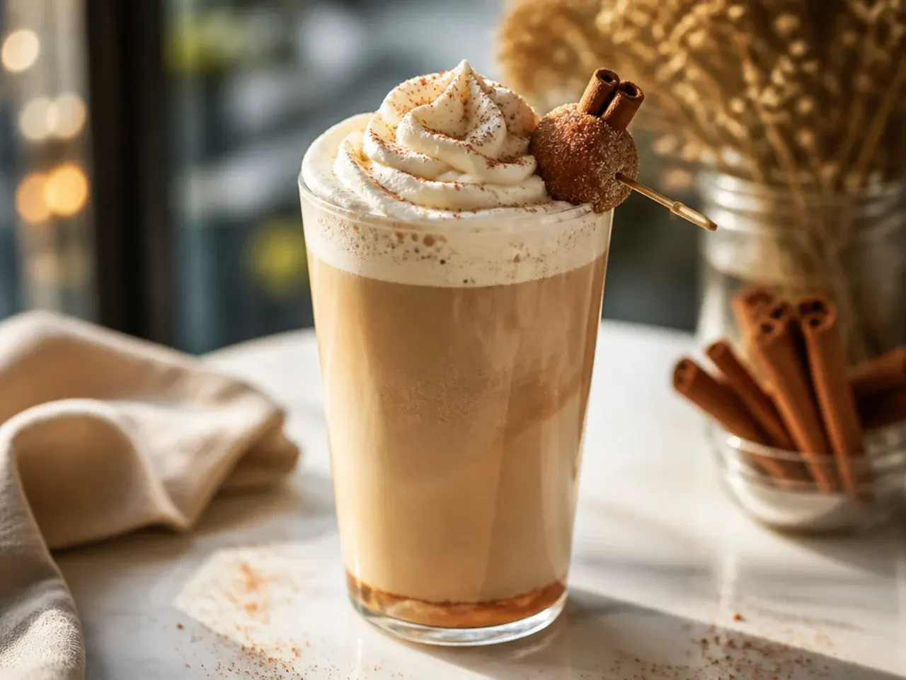 Sweet cinnamon dolce latte with whipped cream and cinnamon sugar topping