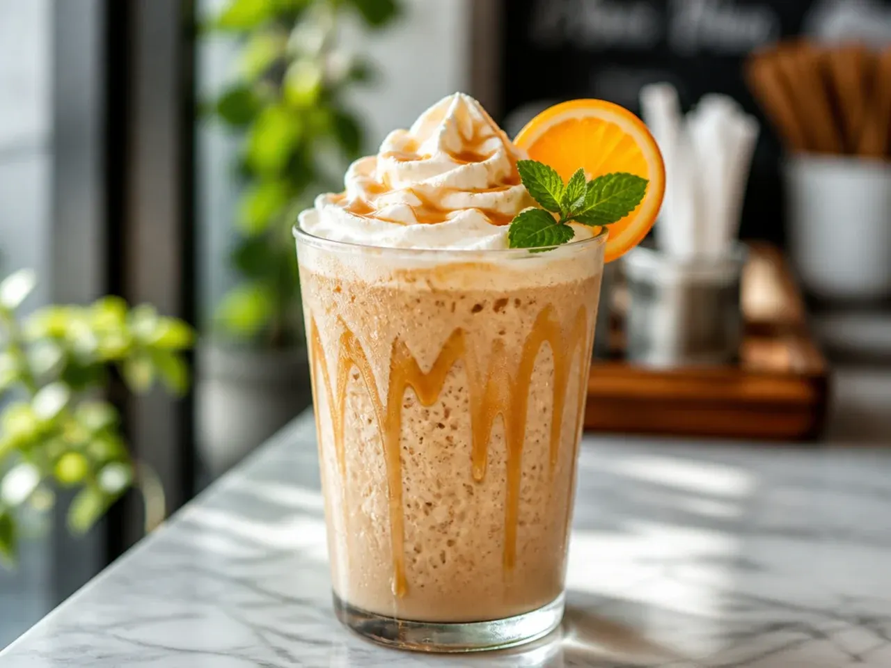 Frozen caramel frappuccino with whipped cream and caramel drizzle in a tall glass