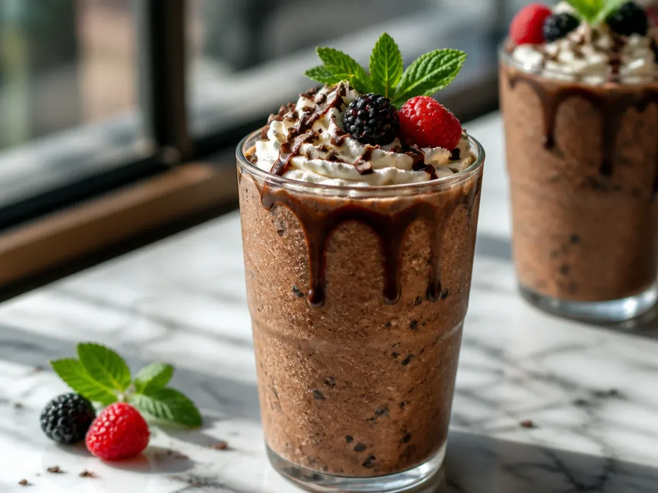 Blended java chip frappuccino with visible chocolate chip flecks topped with whipped cream