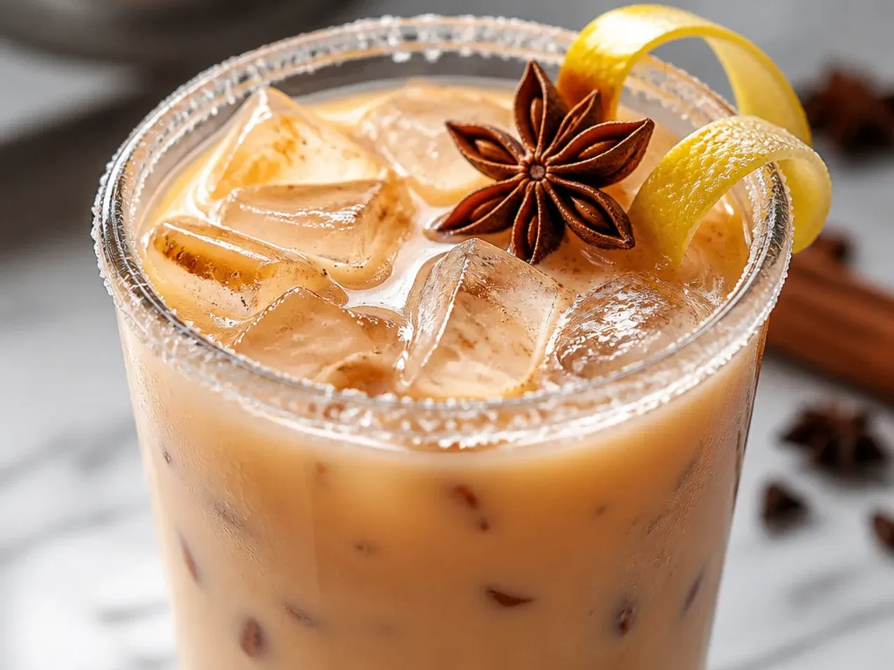 Spiced chai tea latte in a mug with a dusting of cinnamon and star anise garnish