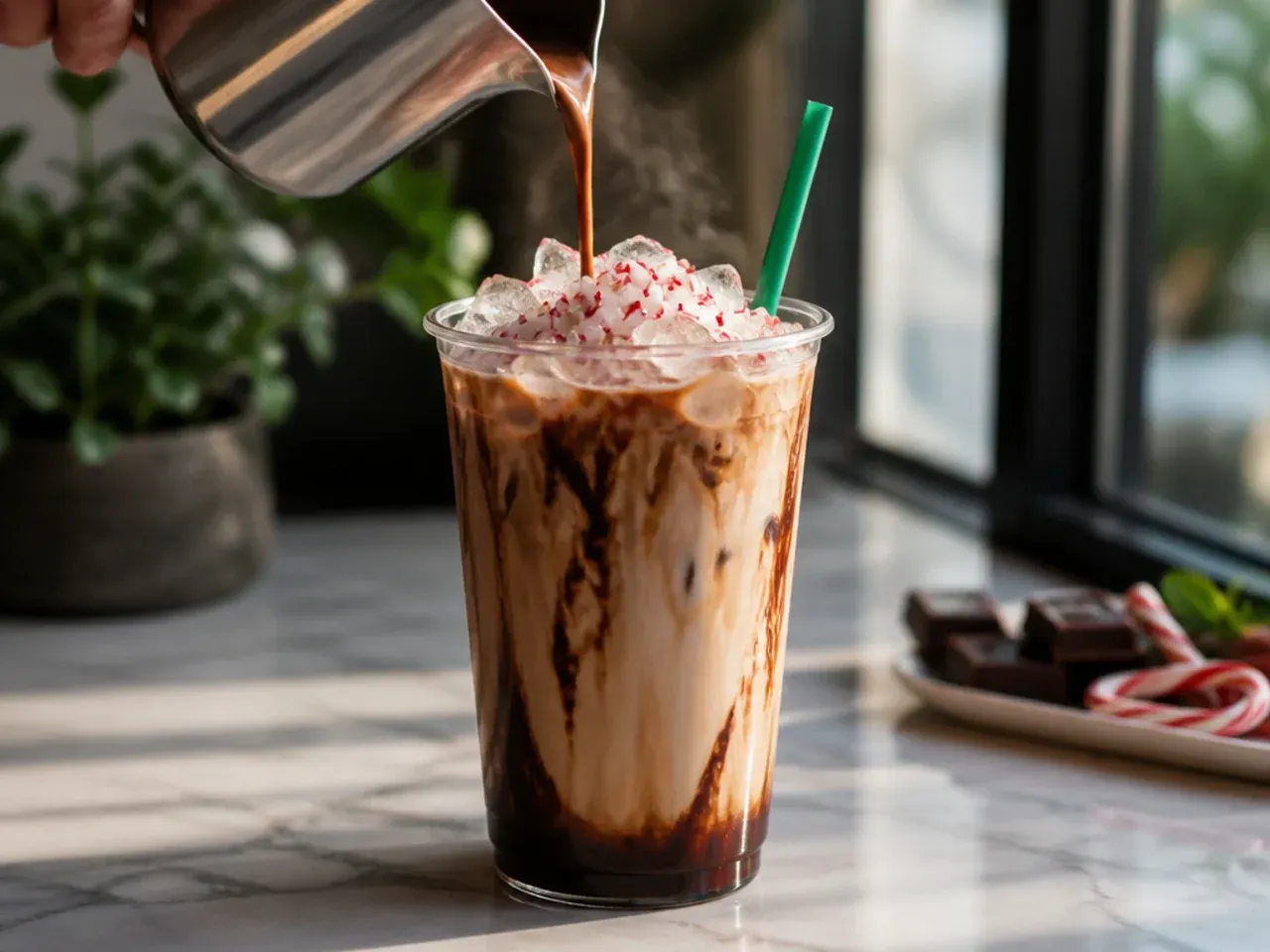 Festive peppermint mocha topped with whipped cream and crushed candy cane pieces