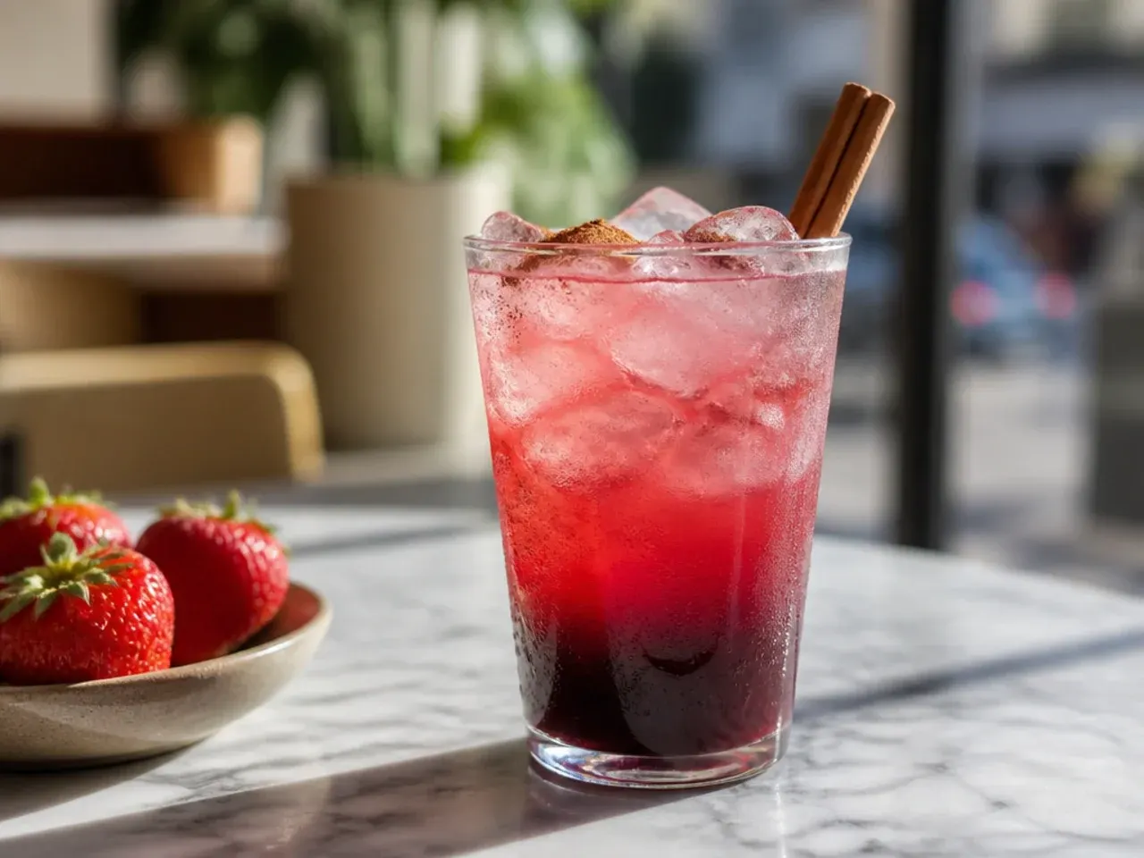 Layered strawberry açaí refresher with a visible coconut milk layer and fresh strawberry pieces