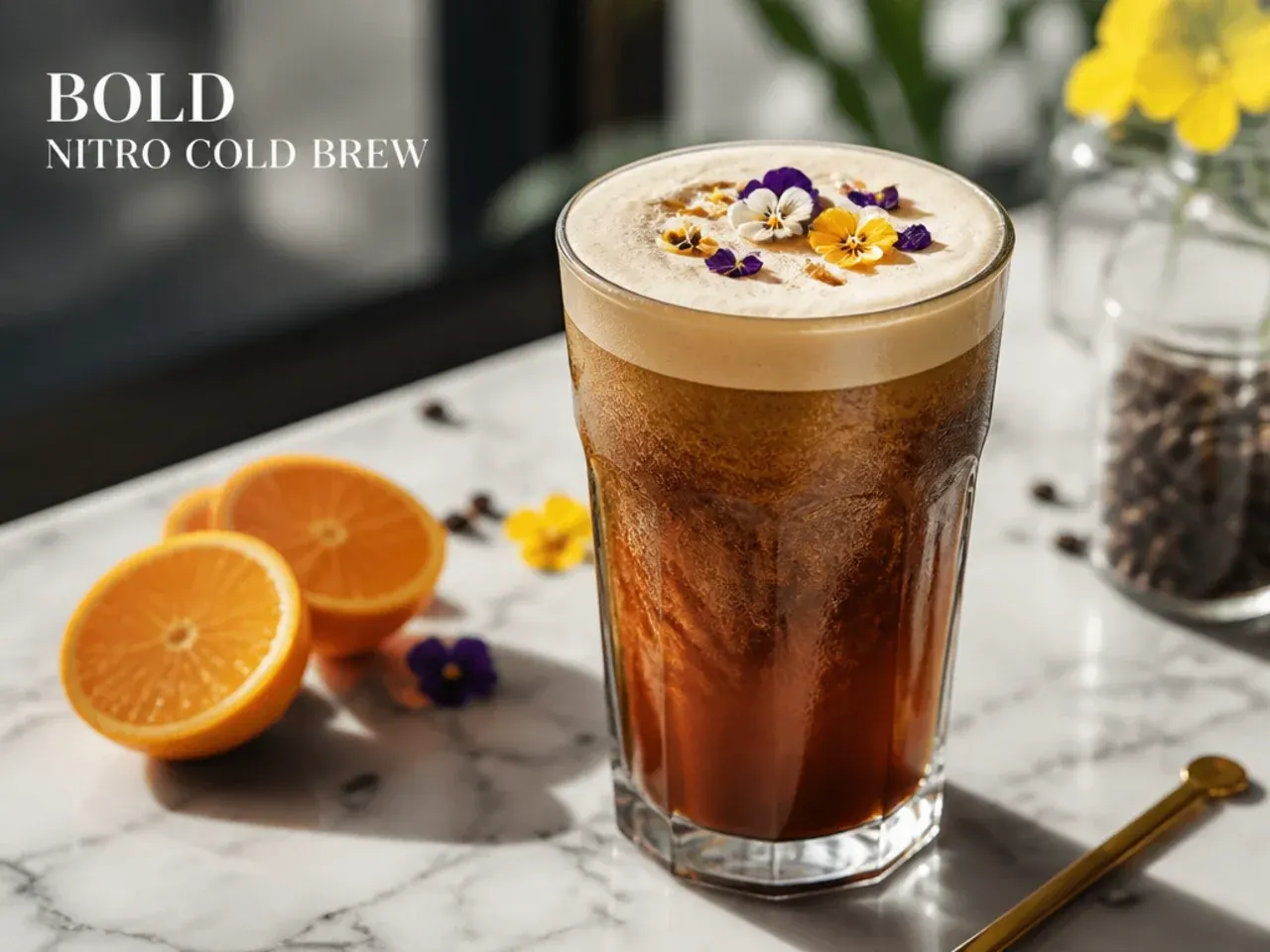 Bold nitro cold brew with a thick cascading foam head in a clear glass, no ice