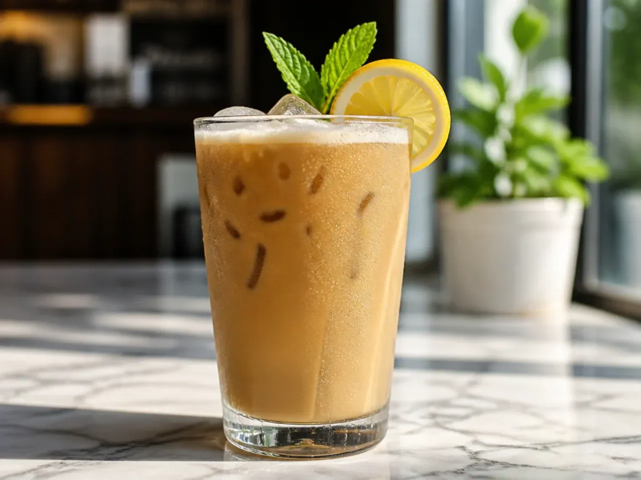 Iced honey almondmilk flat white with espresso and almond milk swirled together over ice