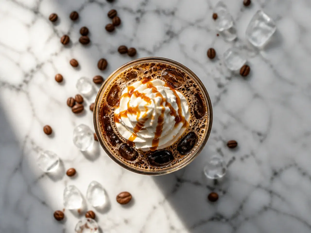 Classic iced americano with dark espresso poured over ice cubes in a tall glass