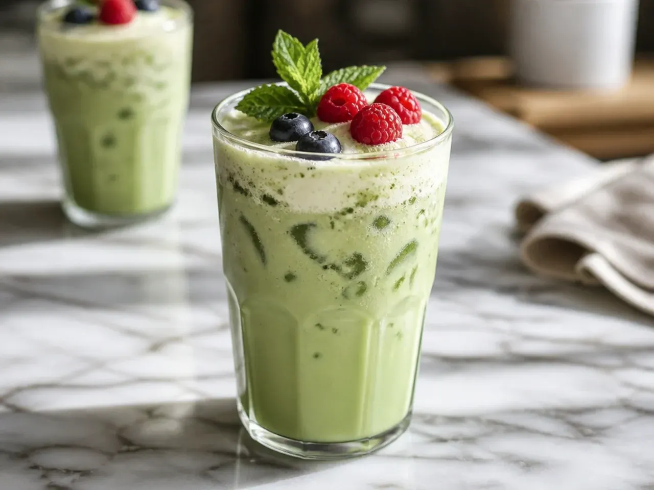 Copycat matcha green tea latte with vibrant green matcha swirled into milk over ice
