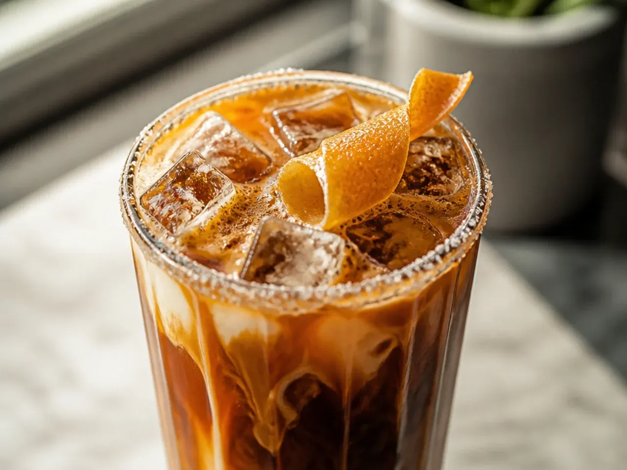 Creamy salted caramel cold brew with caramel swirls inside the glass and a cream top layer