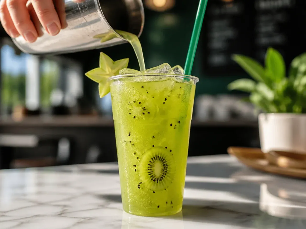 Kiwi starfruit refresher with green tea and star-shaped starfruit slices floating over ice