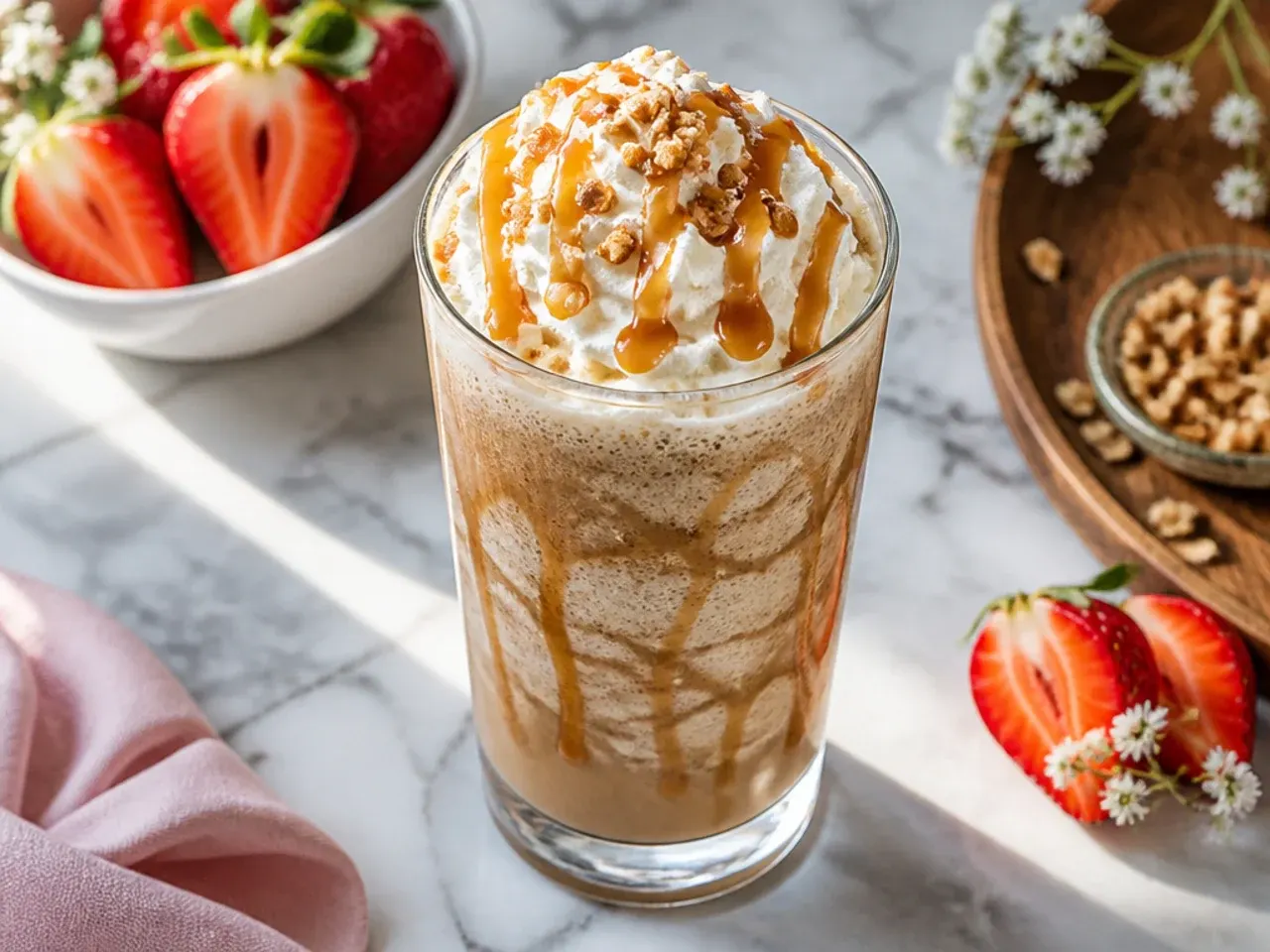 Sweet caramel ribbon crunch frappuccino with caramel swirls and toffee crunch topping