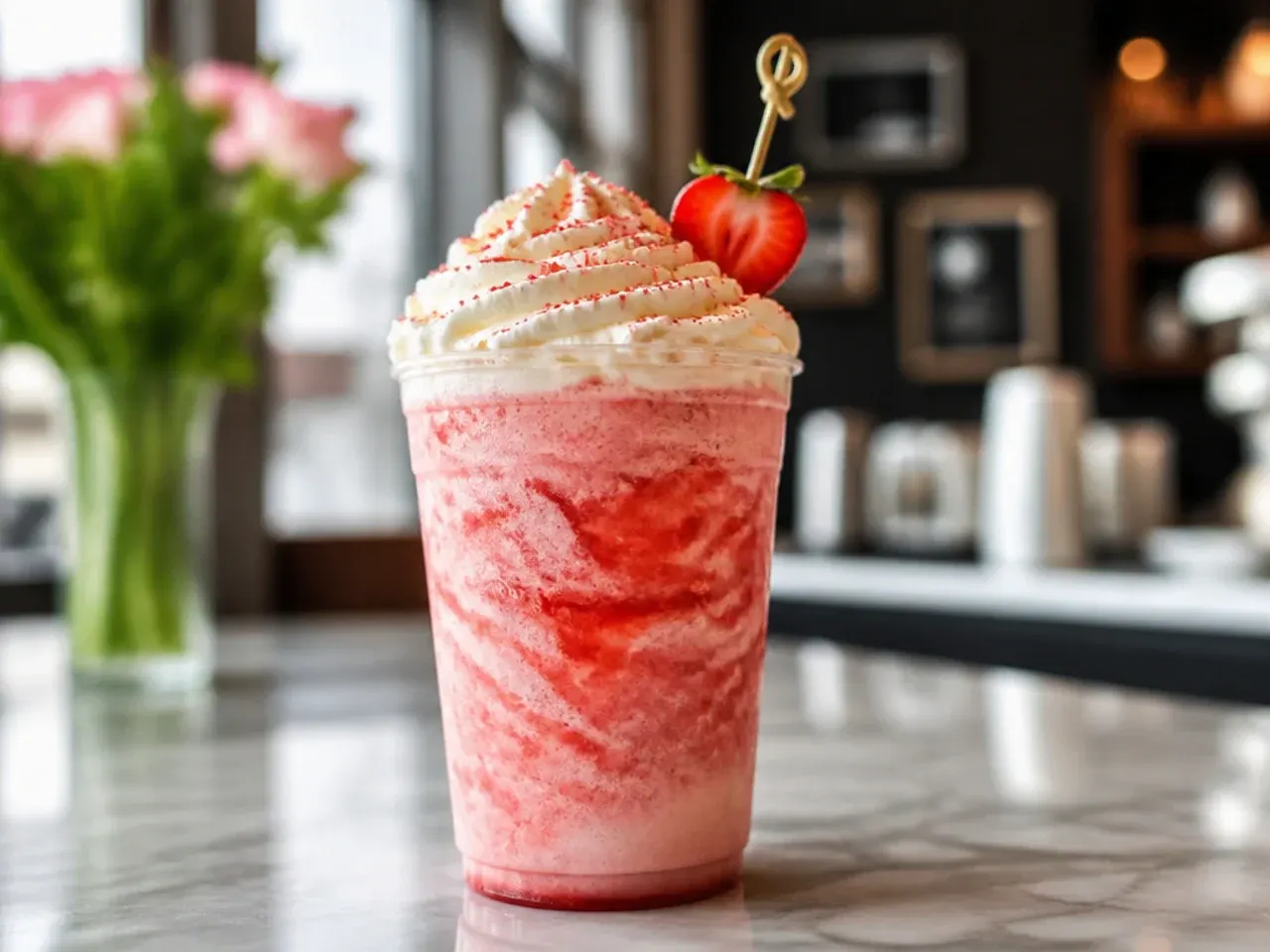 Frozen strawberry crème frappuccino topped with whipped cream and freeze-dried strawberry pieces