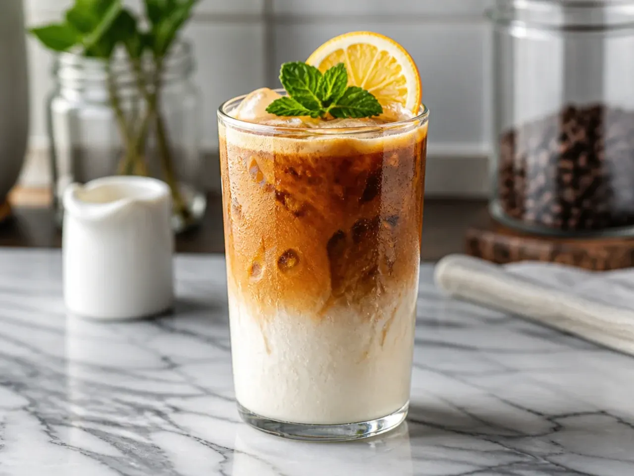 Easy iced vanilla latte with espresso and milk layered over ice in a glass