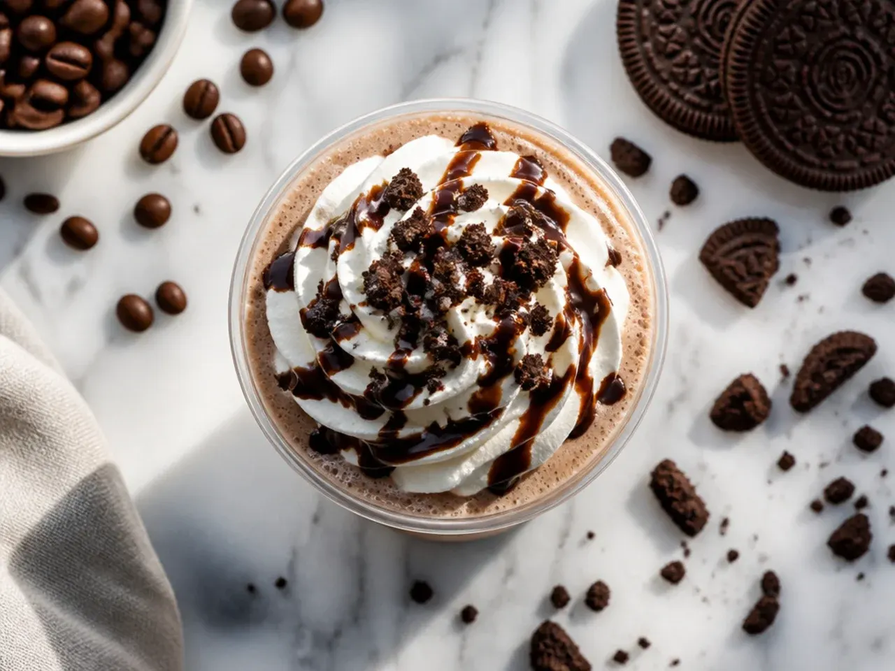 Blended mocha cookie crumble frappuccino topped with whipped cream and chocolate cookie crumbs