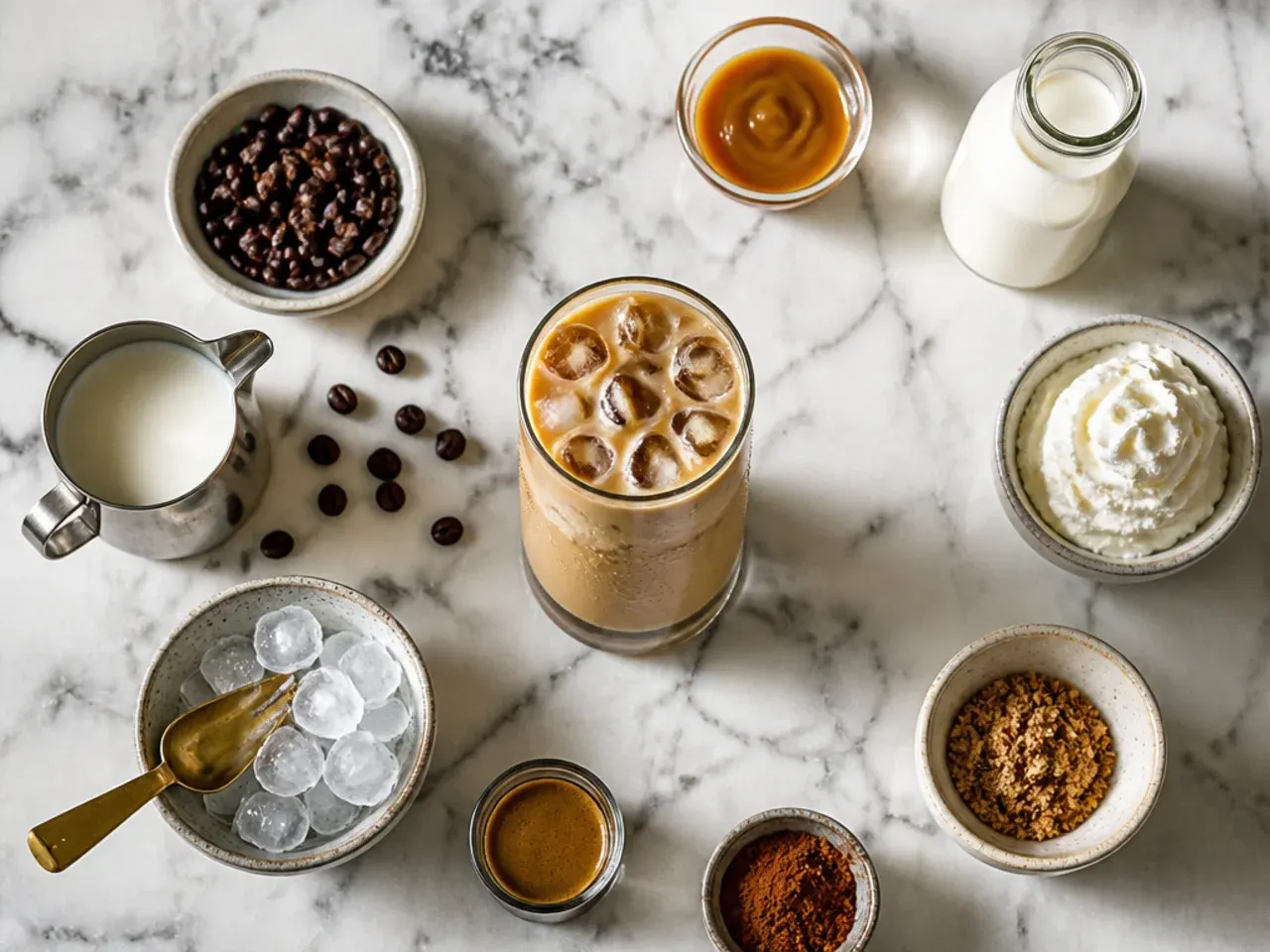Flat lay of homemade syrup bottles, a cocktail shaker and espresso cups used to make copycat Starbucks drinks