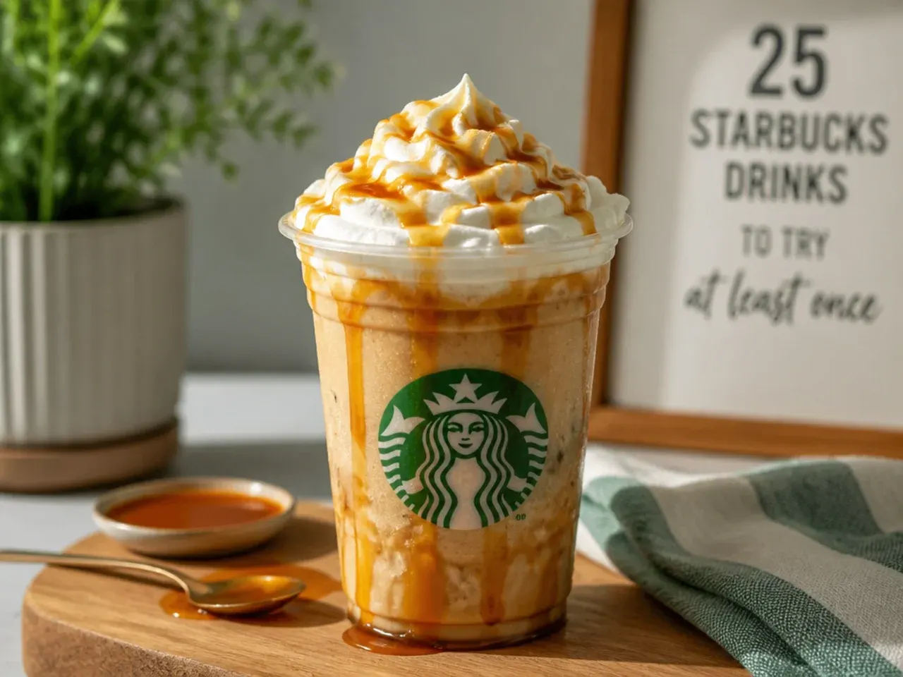 Assortment of copycat Starbucks drinks garnished with whipped cream, cinnamon and fresh fruit ready to serve