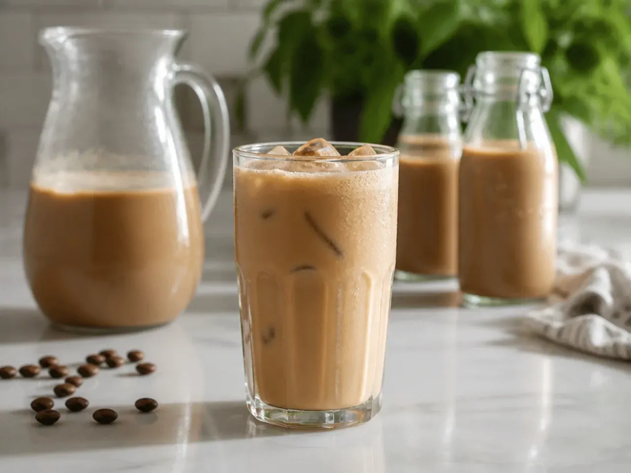 Mason jars of homemade coffee syrups and a jug of cold brew concentrate lined up for batch prep