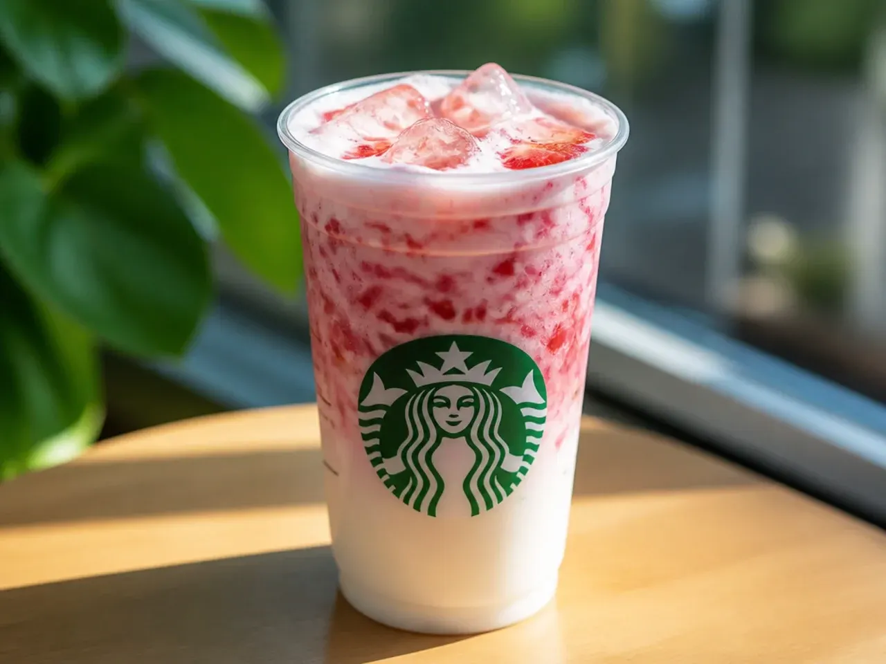 Colourful lineup of copycat Starbucks-style iced drinks in glasses on a wooden counter