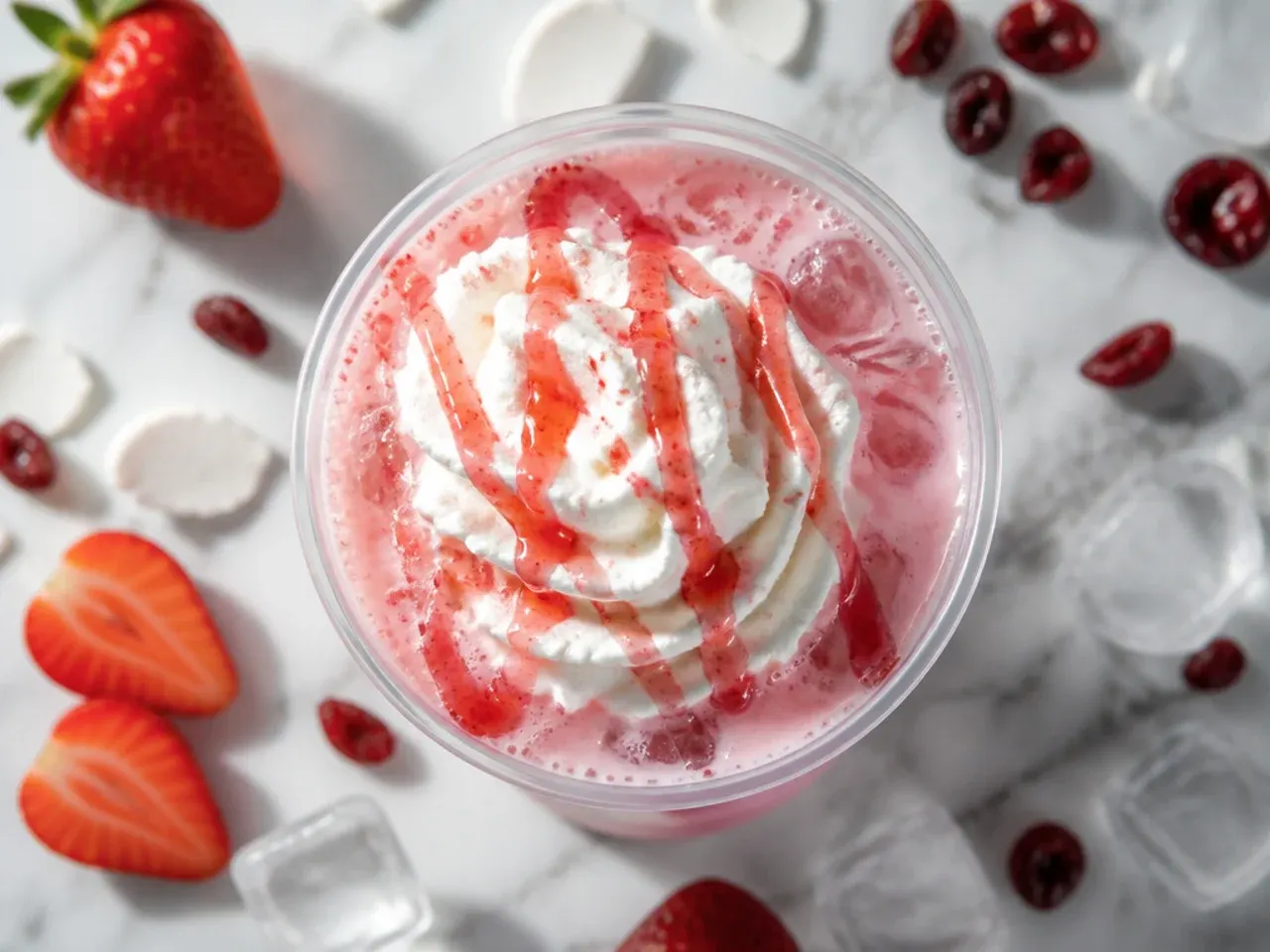 Pink Drink copycat with coconut milk and freeze-dried strawberries in a clear glass over ice