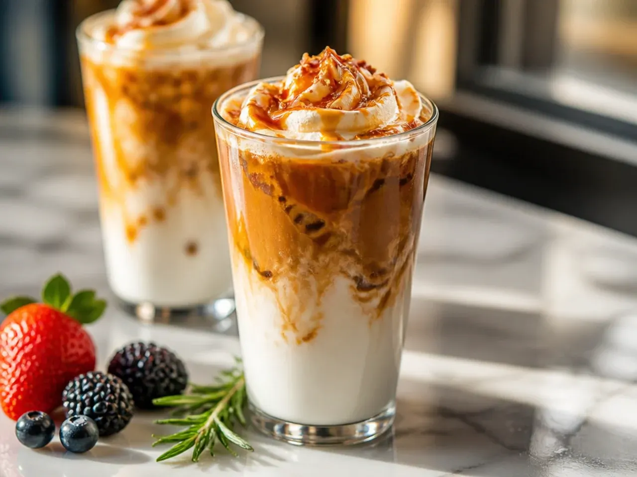Caramel macchiato layered in a glass mug with caramel drizzle and biscuit crumbs on top